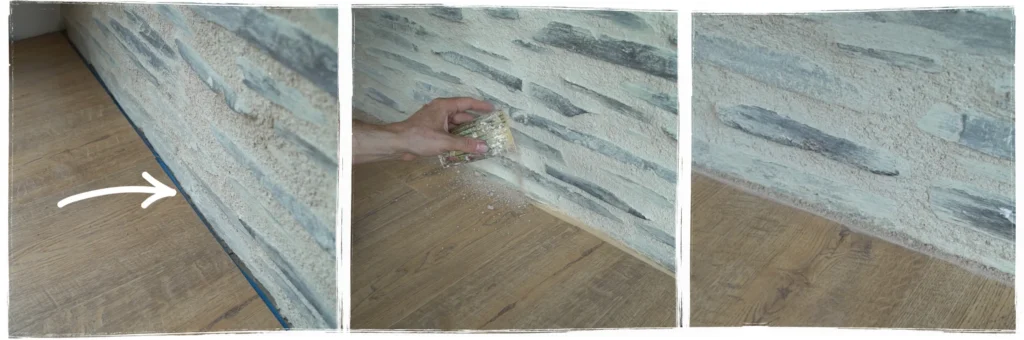 Finition du parquet avec joint mastic et mélange chaux pour une intégration esthétique aux murs en ardoise