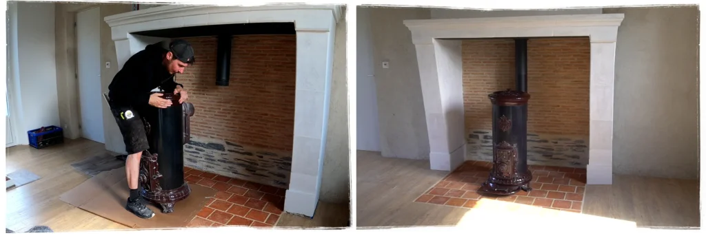 Réinstallation du poêle sur les tomettes après la pose du nouveau parquet dans une maison ancienne