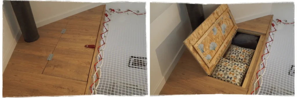 Création artisanale d’un coffre de rangement sous plancher, accolé à un filet d’habitation suspendu à trélazé