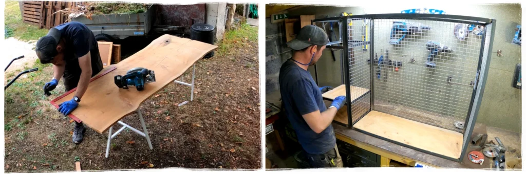 Découpe et installation des planches de bois clair dans la structure du meuble sur mesure pour bois de chauffage à Beaufort-en-Vallée
