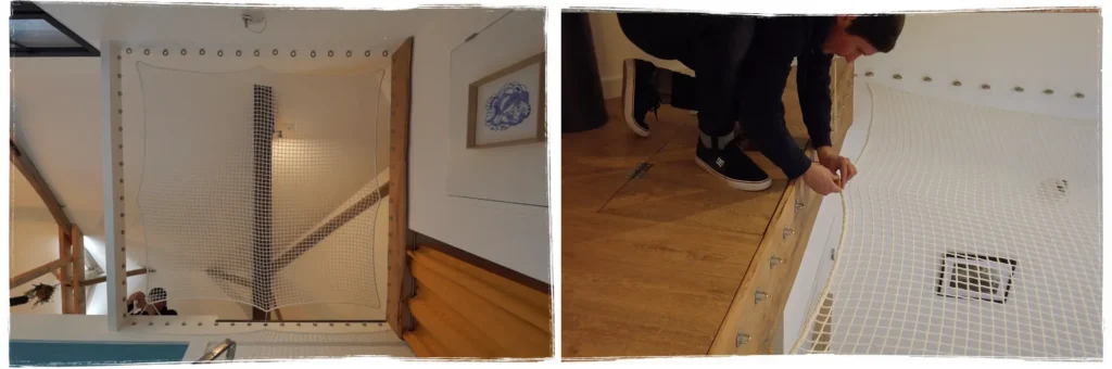 Tension finale du filet d’habitation sur mezzanine avec cordes tressées et fixations murales pour espace détente suspendu