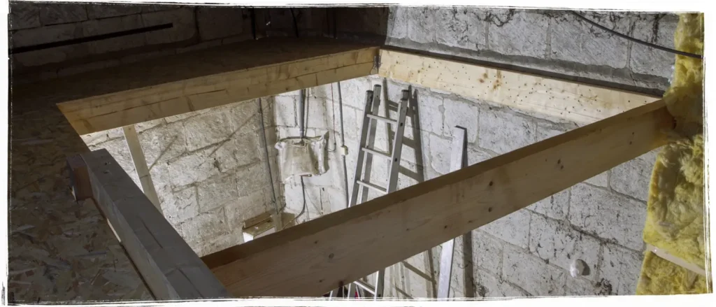 Structure en bois de mezzanine fixée sur un mur en tuffeau dans une maison ancienne